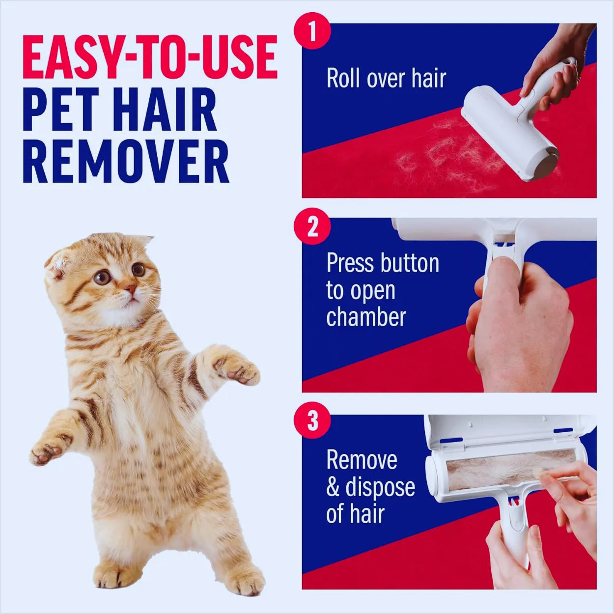 Reusable Pet Hair Remover Roller – Cat & Dog Fur Lint Roller for Couch, Carpet, Bedding & Clothes – Red/Blue Options
