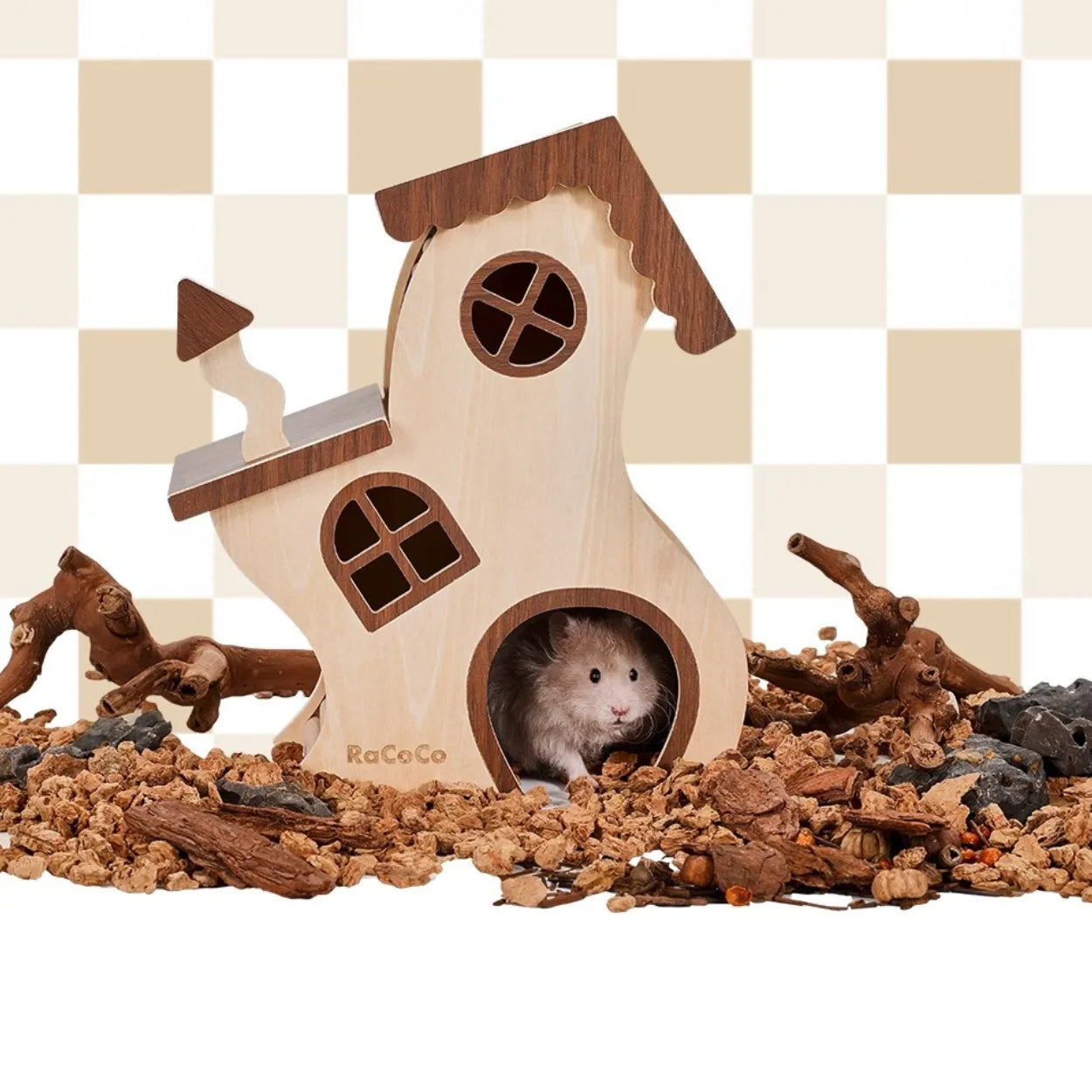 Hamster Enrichment Wooden House | B16 Planet Series | Cozy Natural Hideout for Hamsters & Small Pets